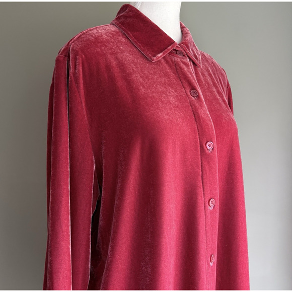 Soft Surroundings Velvet Boyfriend Tunic Button Up Shirt Garnet Red Cozy Luxe L - Picture 11 of 16